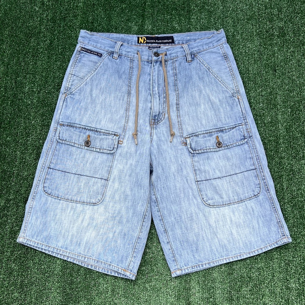 Vintage Nautica Jean Shorts Mens 33x13" Blue Front Cargo Drawstring Baggy 90s - Picture 1 of 8